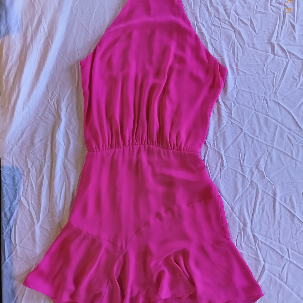 Pink Mini Dress with High Neckline and Cinched Waist